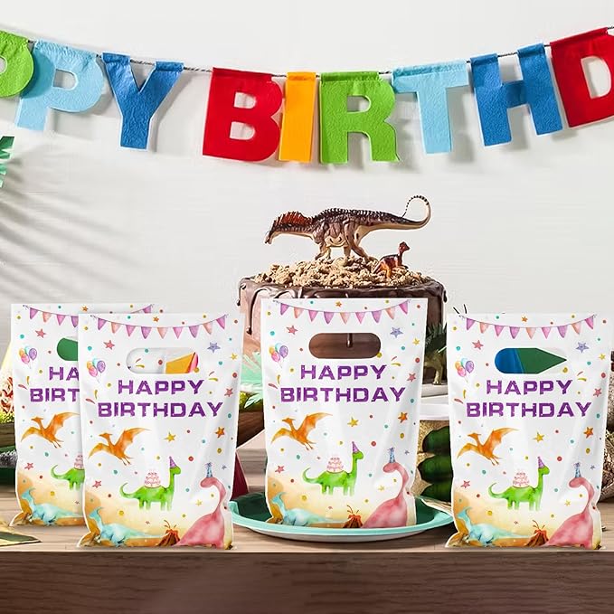 Hxezoc 50 Pieces Dinosaur Gift Bags with Handle, Plastic Treat Candy Bag Watercolor Dinosaur Favor Bags for Kids Birthday Party Decoration Supplies