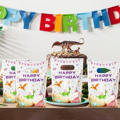 Hxezoc 50 Pieces Dinosaur Gift Bags with Handle, Plastic Treat Candy Bag Watercolor Dinosaur Favor Bags for Kids Birthday Party Decoration Supplies