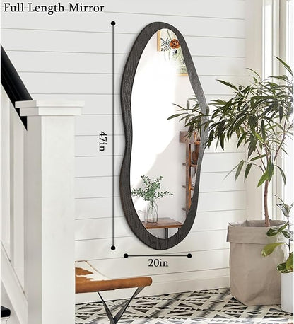 AAZZKANG Irregular Wall Mirror Full Length with Wood Framed Large 47"x20" Black Asymmetrical Full Body Mirrors for Bedroom Living Room Entryway