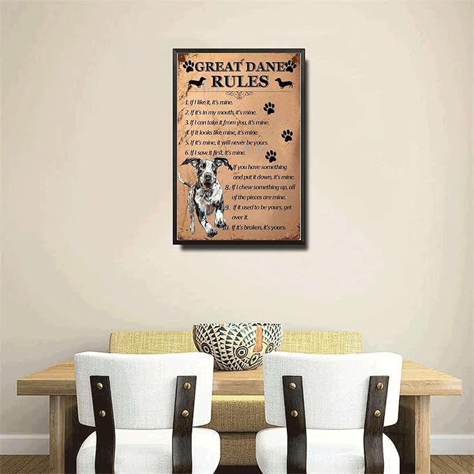 Metal Sign Tin Sign Vintage Wall Art Great Dane Rules Decor Outdoor for Restaurant 12×16 Inches with Metal Frame