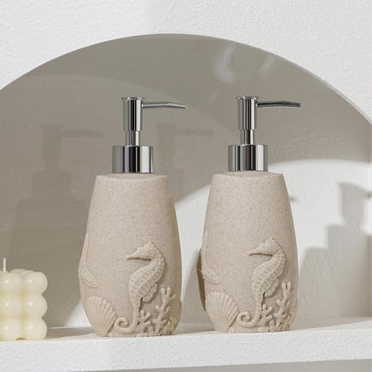 Soap Dispensers 350mL 11OZ, 2 PCS Luxurious Ocean Hand Dish Lotion Shampoo Soap Dispenser Jar, Sea Shell Soap Pump Bottles for Kitchen Bathroom Countertop Beige