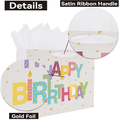 Qirrmiy 13'' Large Happy Birthday Gift Bag Set with Handles, Greeting Card, White Tissue Papers and Stickers for Women Girls Kids Teens, Foil Letter Design, 1 Pcs