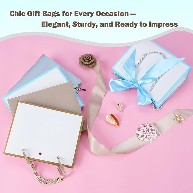 SHIPKEY 10 PCS Blue Gift Bags, 7.4"x2.8"x5.9" Small Welcome Bags, Luxury Shopping Bag with Ribbon Handle and Bows (18.8x7x14.8cm)