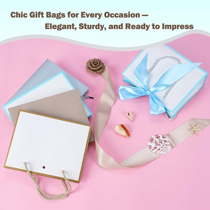 SHIPKEY 10 PCS Blue Gift Bags, 7.4"x2.8"x5.9" Small Welcome Bags, Luxury Shopping Bag with Ribbon Handle and Bows (18.8x7x14.8cm)