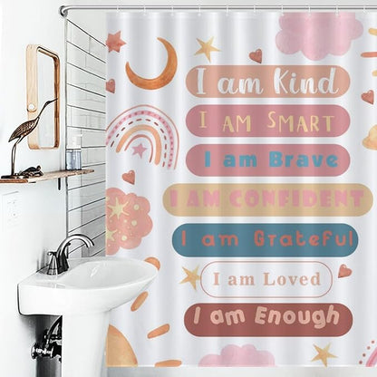 Rainbow Shower Curtain, Pink Boho Cute Inspirational Motivational Quotes Rainbow Colorful Pastel Waterproof Fabric Bathroom Shower Curtain for Baby Kids Girls Set with Hooks, 72"x84" Inch