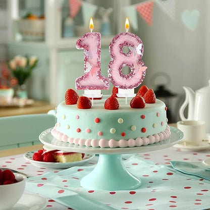 18Th Birthday Candles，Glitter Butterfly Cake Toppers Pink Sequins Wedding Numeral Cupcake Decorations，Suitable for Girl and Boy Wedding Cakes, Party Celebrations, Birthday Decorations (18)