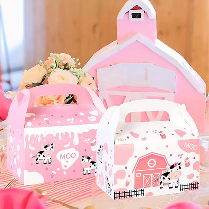 umoni Cow Party Favor Treat Boxes 12 Pack Pink Cow Gift Goodie Boxes for Girls Birthday, Farm Animal Theme, Barnyard Party Supplies