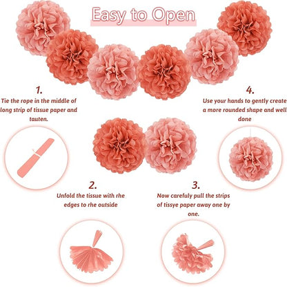 Birthday Decoration, Happy Birthday Banner, Tissue Paper Pom Poms, Hanging Paper Fan Set and Balloons for All Birthday Party Decorations, Rose Gold