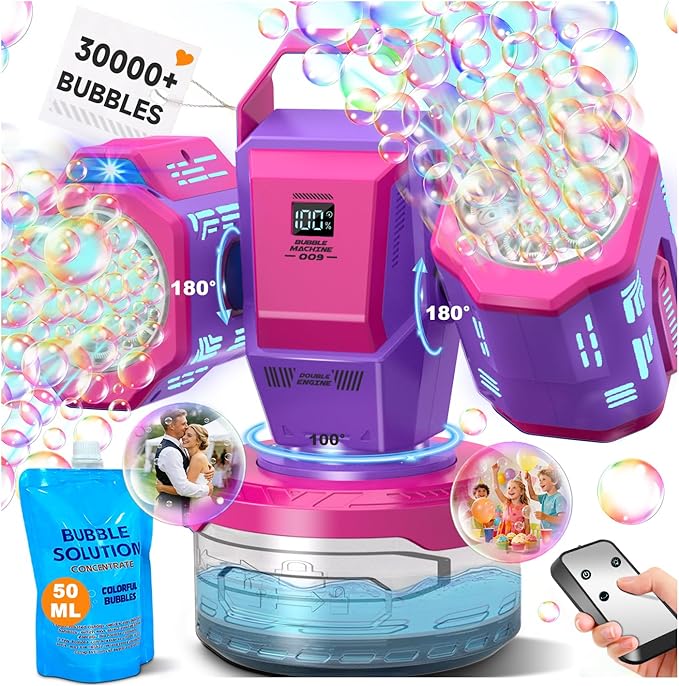 Rechargeable Bubble Machine with RGB Lights: 30,000 Bubbles/Min Storm, Auto 360° Rotation, Battery% Display - Remote Control Bubble Maker for Romantic Wedding, Kids Party & Outdoor Events
