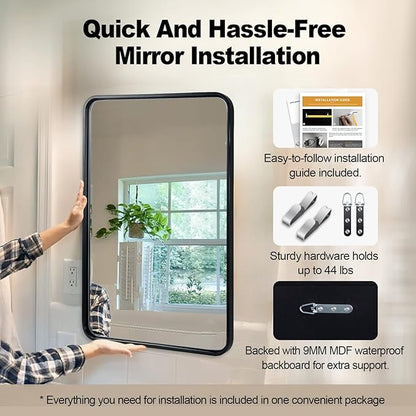 ANDY STAR Matte Black Mirror for Bathroom, 20x28 Inch Rounded Rectangle Mirror, Modern Vanity Mirror Tube Metal Frame HD Reflection Wall-Mounted Mirrors Vertically or Horizontally