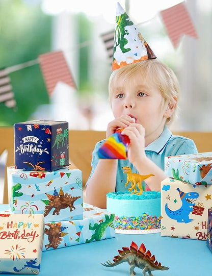 WERNNSAI Dinosaur Wrapping Paper Rolls - 3 Rolls 17” x 120” Happy Birthday Wrapping Paper Kids Wrapping Paper Rolls Boy Dinosaur Gift Wrap Paper Dinosaur Party Favor Happy Bday Wrap with Cutting Line on Back