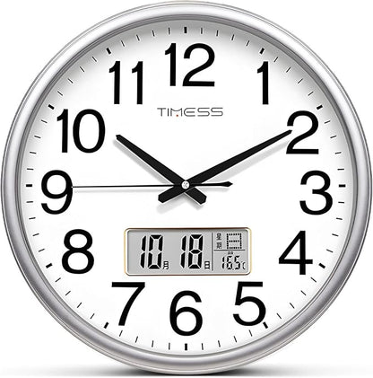 TIMESS Wall Clock, 11 Inch Non-Ticking Silent Battery Operated Quartz Analog with LCD Display for Perpetual Calendar and F° Temperature, Ideal Modern Home, Bedroom, Kitchen, Office Décor (Sliver)