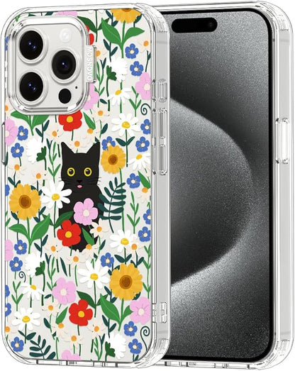 MOSNOVO Case for iPhone 15 Pro Max, [Buffertech 6.6ft Military-Grade Drop Protection] [Anti Peel Off Tech] Clear TPU Bumper Phone Case Cover Design - Black Cat in Garden