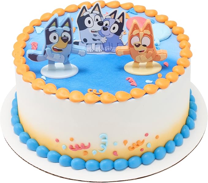 DecoSet® Bluey Dance Mode Cake Toppers, 3 Piece Cake Decoration With Bluey And Bingo Figurines and Muffin & Socks Poly Pic, For Birthday, Parties, Celebration