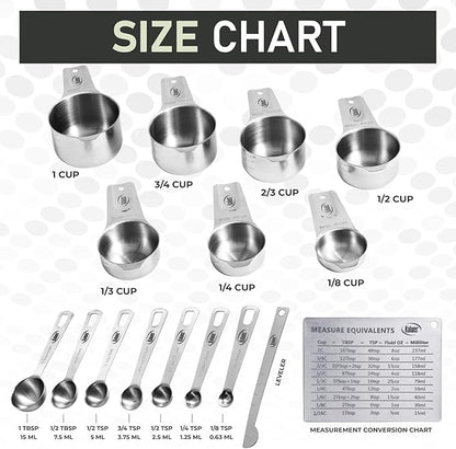 Kaluns Stainless Steel Measuring Cups, Measuring Spoons,16 Piece Measuring Cups and Spoons Set Includes Leveler and Measurements Card, Heavy-duty, Heat and Rust Resistant