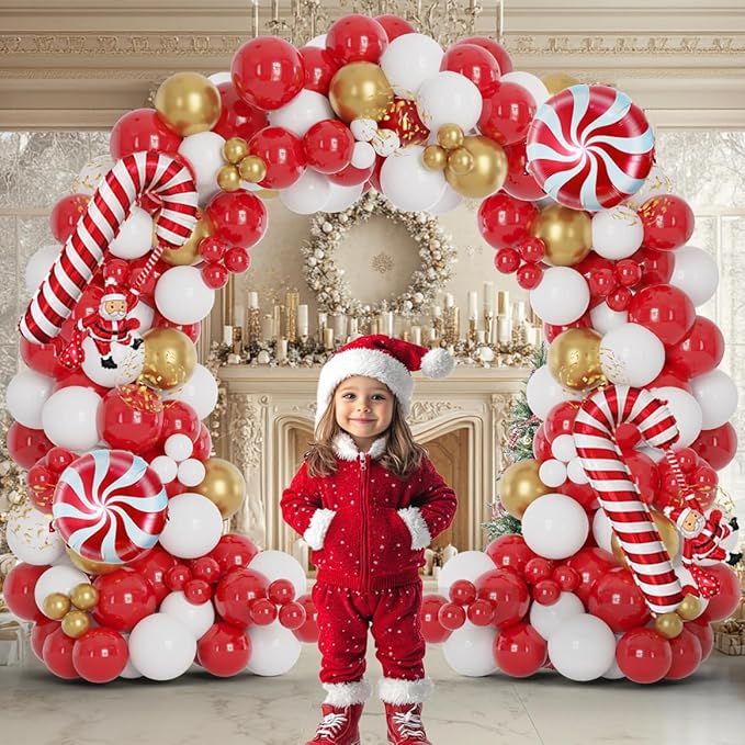 128PCS Christmas Balloon Arch Garland Kit - Red White Gold Balloons with Candy Cane Balloons for Merry Christmas Decorations, Winter Party Supplies, Xmas Balloon Arch