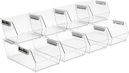HOMESTEAD Set of 8 Stackable Storage Bins, 4 Large + 4 Small Clear Plastic Organizer Bins, Open Front Design for Kitchen Pantry, Fridge, Cabinet, Bathroom Organization and Bulk Snack Storage