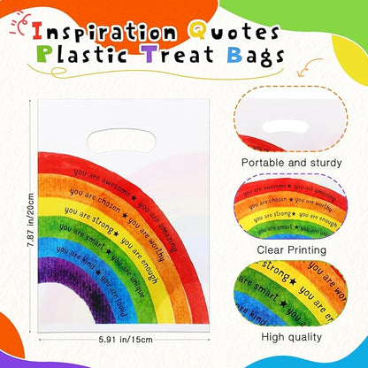 Coume 100 Sets Inspiration Quotes Treat Bags with Handles Small Plastic Party Favors Gifts Bags for Kids Students Birthday Party Gifts Favors (Rainbow Style)