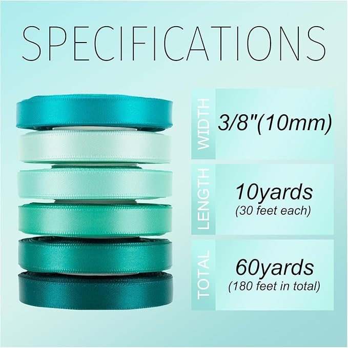 Teal Ribbon 3/8 Inch x 60Yards Double Faced Satin, Dark Teal, Aqua, Turquoise, Jade, Peacock, Mint Green, Blue and Green Ribbon for Flower Bouquet, Gift Wrapping, Wedding, Bridal Shower, Bows & Crafts