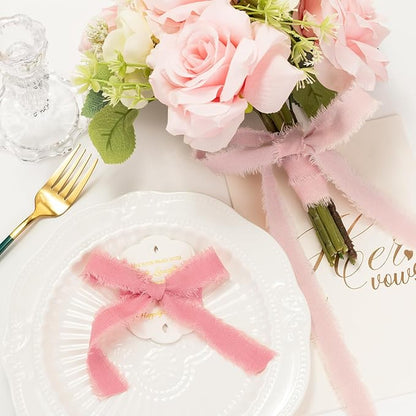 Pink Cotton Ribbon 5/8 Inch Pink, Baby Pink & Dusty Rose 3 Rolls 21 Yards Frayed Edge Fabric Set for Wedding Invitations, Bridal Shower, Baby Shower Decor, Bouquet Wrap & Gift Wrapping