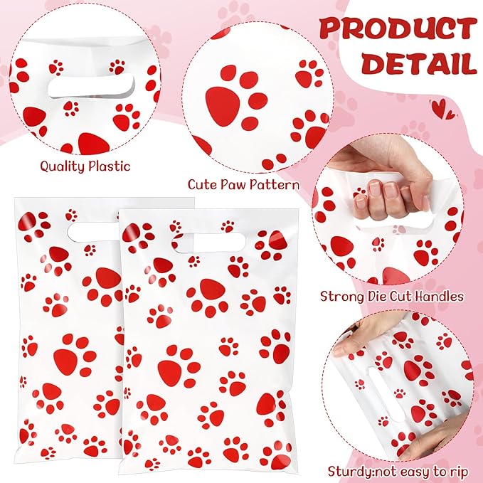 Pasimy 100 Pcs Dog Paw Gift Bags Bulk Pet Paw Puppy Plastic Treat Favor Candy Goodie Bags with Handle for Dog Birthday Party Decoration Supplies (White Red)