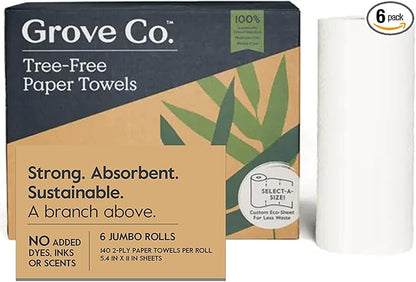 Grove Co. Bamboo Paper Towels, Tree Free & Sustainable Kitchen Paper Towels, Strong & Absorbent with Custom Select Sheets for Less Waste, Zero Plastic Waste. 140 x 2-ply Sheets per Roll, 6 Pack Rolls