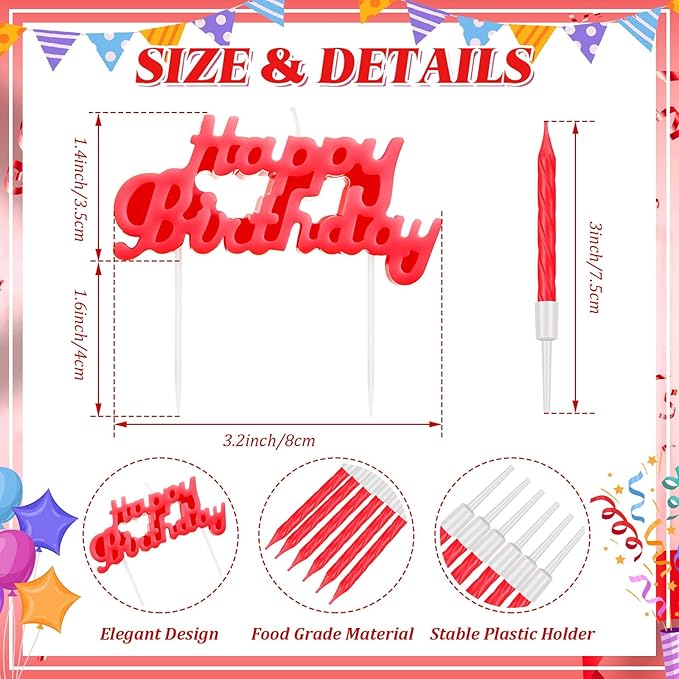 MTLEE Happy Birthday Candles Letter Cake Topper with 10 Pcs 2.95 Inch Short Thin Spiral Candles for Cake Topper Birthday Decoration Party Supplies(Red)