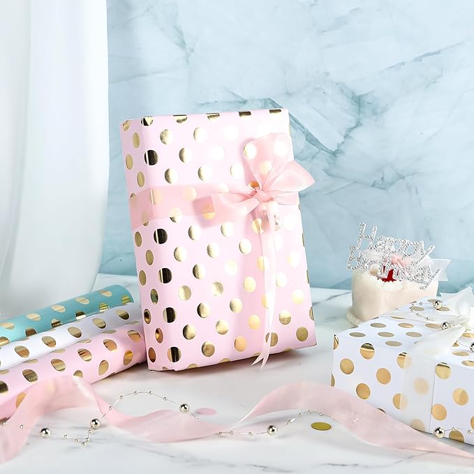 WRAPAHOLIC Birthday Wrapping Paper Roll - Mini Roll - 3 Rolls - 17 inch x 120 inch Per roll - Gold Foil Pink White Mint Polka Dots Design for Party, Holiday, Baby Shower