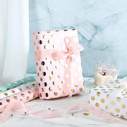 WRAPAHOLIC Birthday Wrapping Paper Roll - Mini Roll - 3 Rolls - 17 inch x 120 inch Per roll - Gold Foil Pink White Mint Polka Dots Design for Party, Holiday, Baby Shower