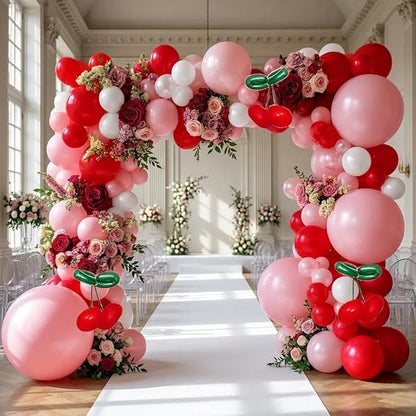 Red Pink Balloon Arch Double Stuffed Latex Pink White Pearl Balloons Red Green Long Balloon Garland for Cheery On Top Baby Shower Birthday Christmas Bridal Shower Garden Berry Party Decoration