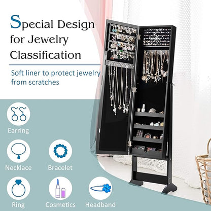 Giantex Jewelry Cabinet with Full-Length Mirror, Standing Jewelry Armoire Organizer with 64 Earring Slots, 72 Ring Slots, 20 Necklace Hooks, 4 Storage Shelves, 3 Angle Adjustable (Black)