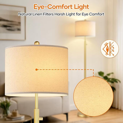 Nintiue 【Upgraded】 Dimmable Floor Lamp for Living Room, 11W LED Bulb Included, Modern Standing Lamp, Tall Pole Light with Linen Shade for Bedroom Reading Office Corner Nursery-Gold
