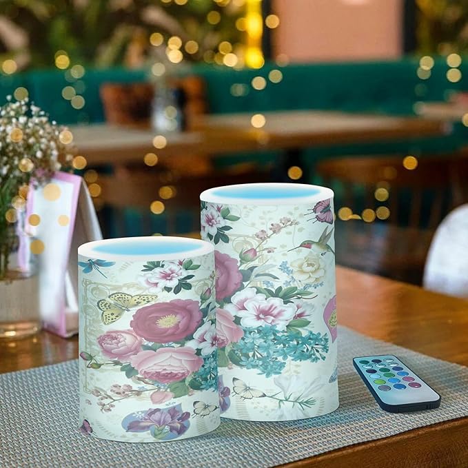 Beautiful Spring Flowers Butterflies Hummingbirds Flickering Flameless Candles Battery Operated with Remote Timer,Tea Light Candles LED Pillar Votive Candles set of 2 for Outdoor Indoor Decorations