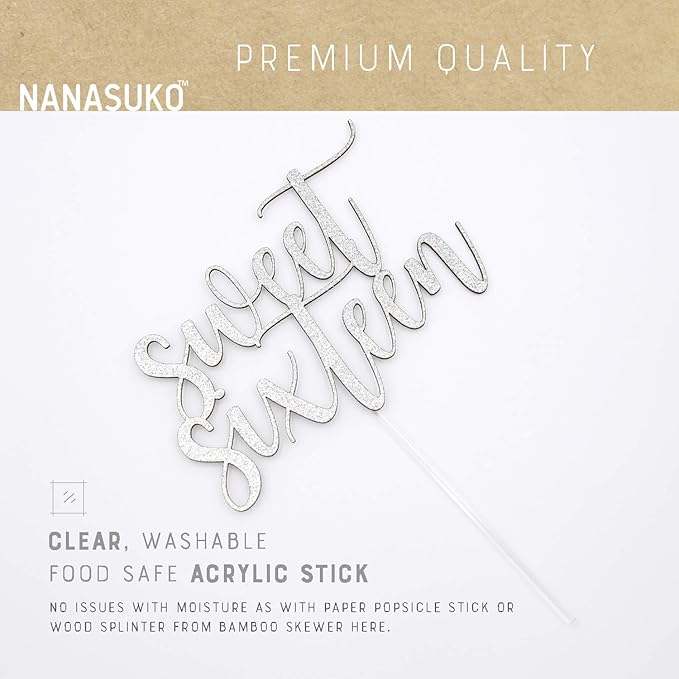 16th Birthday Cake Topper - Sweet Sixteen - Double Sided Silver Glitter - Premium Quality Made in USA