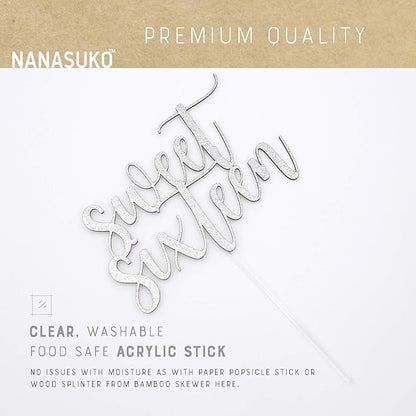 16th Birthday Cake Topper - Sweet Sixteen - Double Sided Silver Glitter - Premium Quality Made in USA