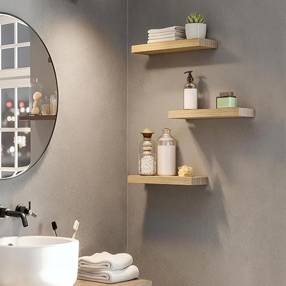 HOOBRO Floating Shelves for Wall, Wall Mounted Shelf Set of 2, 15.7" Hanging Shelf with Invisible Brackets, for Wall Decor Storage in Bathroom Bedroom Kitchen Living Room Office, Natural NL40BJ01