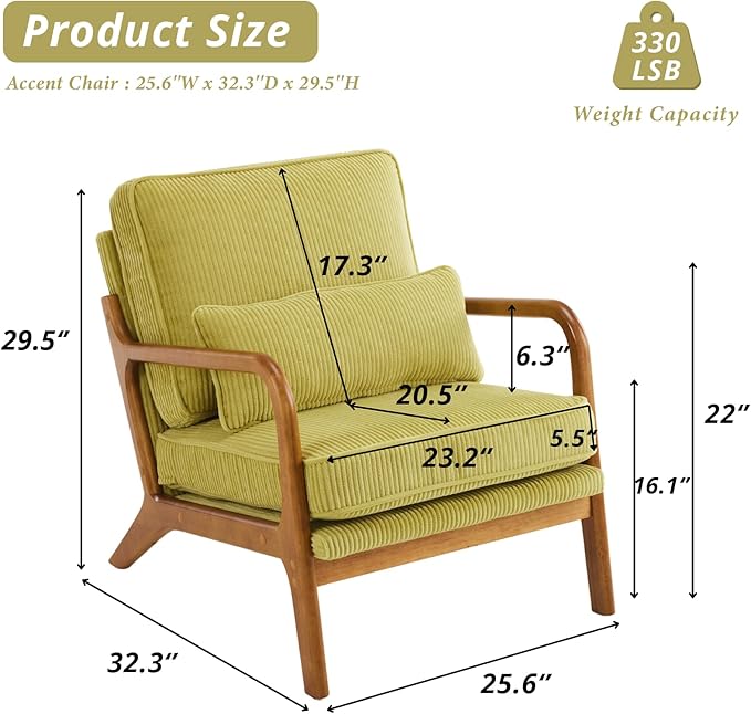 Karl home Mid-Century Modern Accent Chair, Living Room Chairs with Pillow Corduroy Upholstered Lounge Armchair with Solid Wood Frame & Soft Cushion for Bedroom, Reading Room, Green