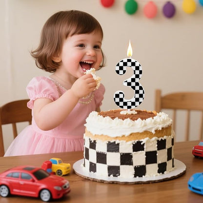 Racing Car Themed Birthday Candles, Number 3 Checkered Candles, Black & White Checkered Cake Topper, Cool Racing Themed Party Supplies, Special Candle