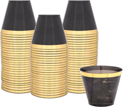 supernal 100 Pcs 9 oz Gold and Black Plastic Cups,Gold Rimmed Disposable Cups,Disposable Party Cup party,Plastic Cocktail Cups for Weddings, Birthdays & Festive Celebrations