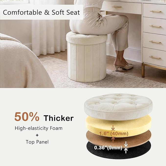 CAROLMADE Round Storage Ottoman, Velvet Folding Footrest Stool