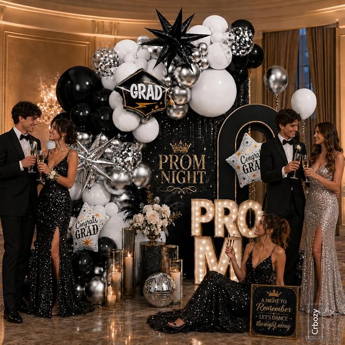 131Pcs Prom Balloon Arch Kit, Black White Silver Confetti Balloons with Explosion Star Graduation Cap Foil Balloons for Class of 2026 Congrats Graduation Prom Birthday Party Decorations