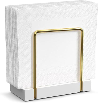 Napkin Holder for Table, Bamboo Iron Standing Napkin Dispenser for Dining Table Farmhouse Cocktail Picnic Rustic Wood Holders All Kitchen Dining Room Decor Gold & White