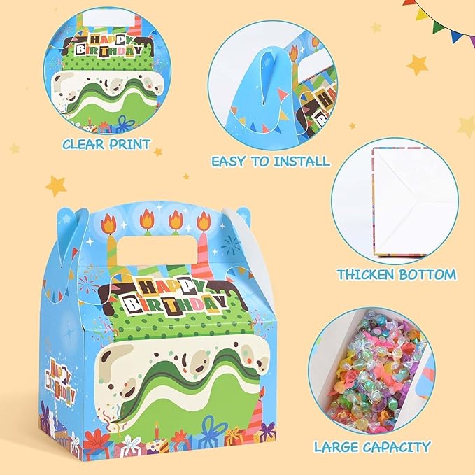 WERNNSAI 12 Pack Birthday Party Favor Boxes - Happy Birthday Party Decorations Candy Boxes for Girls Boys Gift Wrapping Cake Goodies Bags with Handle for Party Supplies