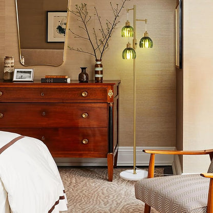 Dimmable Gold Floor Lamp,3-Light Vintage Retro Tree Floor Lamp,Farmhouse Standing Lamp with 3 Elegant Glass Green Flower lampshades for Living Room Bedroom (Brass Gold)