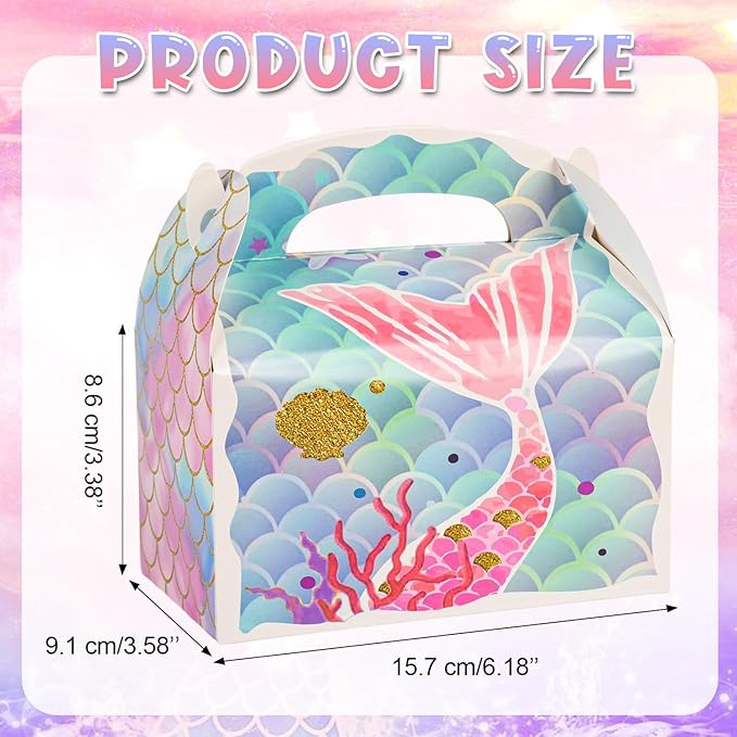 36 Pack Cute Mermaid Party Favor Treat Boxes, Small Ocean Gable Boxes for Parties Giveaways and Small Business 6.18x3.58x3.39 Inches