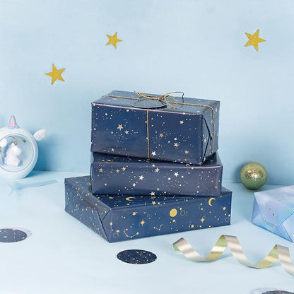 WRAPAHOLIC Neutral Galaxy Birthday Wrapping Paper Sheet - 12 Sheets Folded Flat with 12 Gift Tags for Birthday, Baby Shower, Father's Day, Christmas - 19.7 Inch X 27.5 Inch Per Sheet