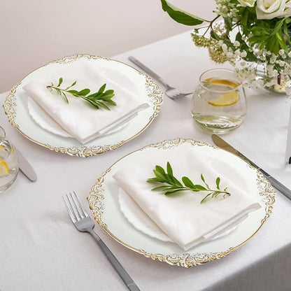 Okllen 12 Pack Plastic Round Charger Plates, 13" Dinner Charger Dessert Plates with Gold Rim, Vintage Charger Serving Plates for Catering, Wedding, Tabletop Decor, White, Floral Trim