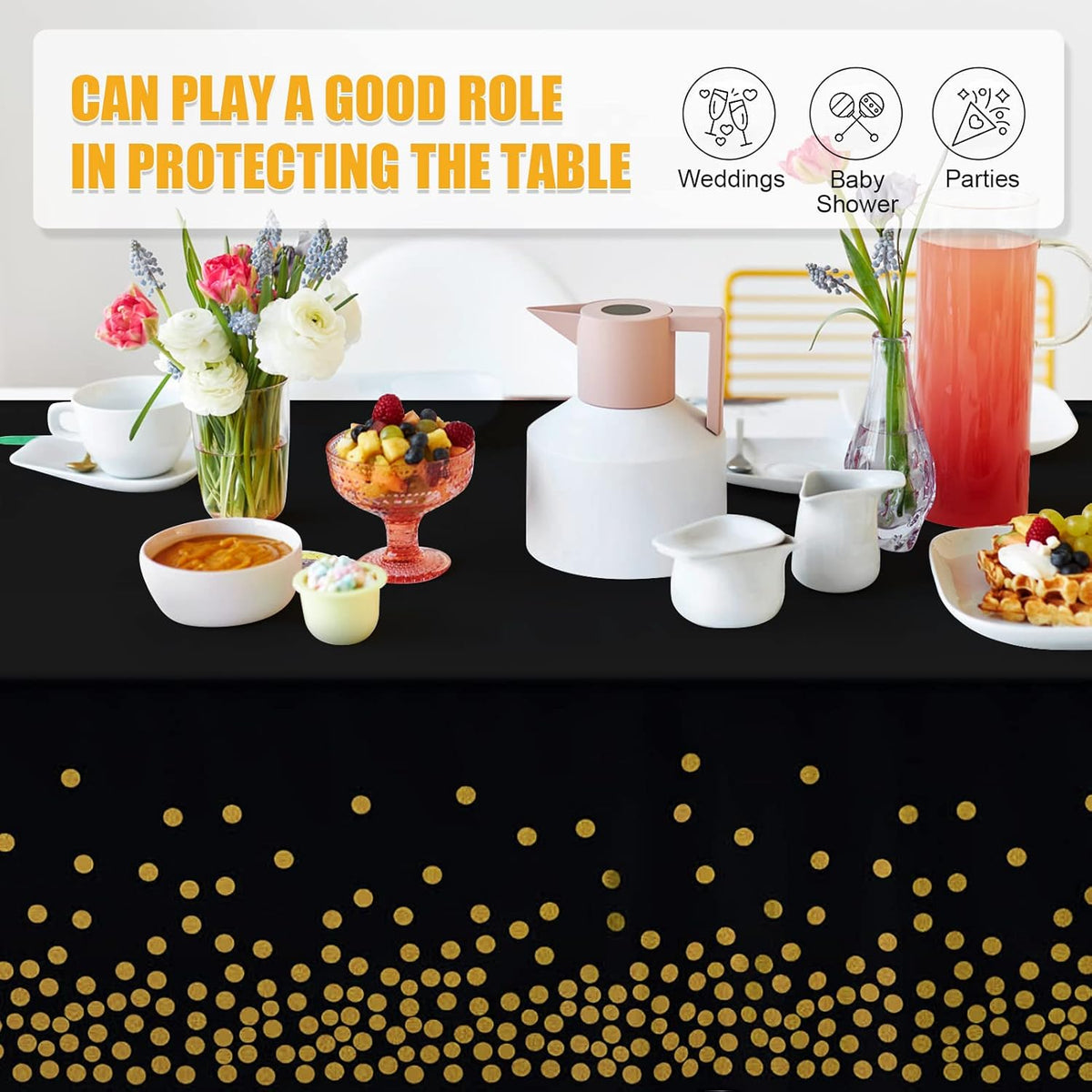 Tablecloths for Rectangle Tables, 3 Pack 54" x 108" Plastic Table Cloth Disposable Table Covers Engagement Party Decorations, Black Gold Dot Tablecloths Disposable Tablecloth for Weddings Buffet Table