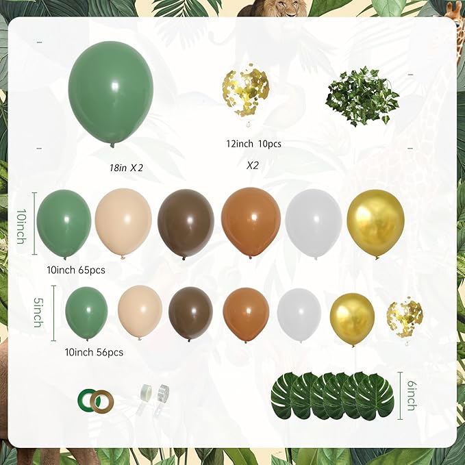 PERPAOL 140 pcs Jungle Safari Balloon Garland Kit, Sage Green Brown Safari Wild One Balloon Arch with Animal Print Balloons Palm Leaves for Wedding Woodland Tropical Birthday Shower Decorations