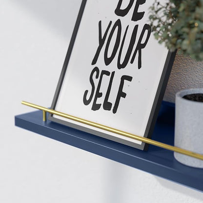 WOPITUES Floating Shelves with Gold Metal Guardrail, Shelves
